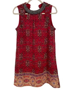 Speechless Embellished Neckline Flowy Shift Dress
